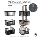 Simplify 3 Tier Metal Spa Tower | Bamboo Handles | Decorative Shelving Unit | Baskets | Bathroom Storage | Toiletries | Towels | Soap | Black Simplify