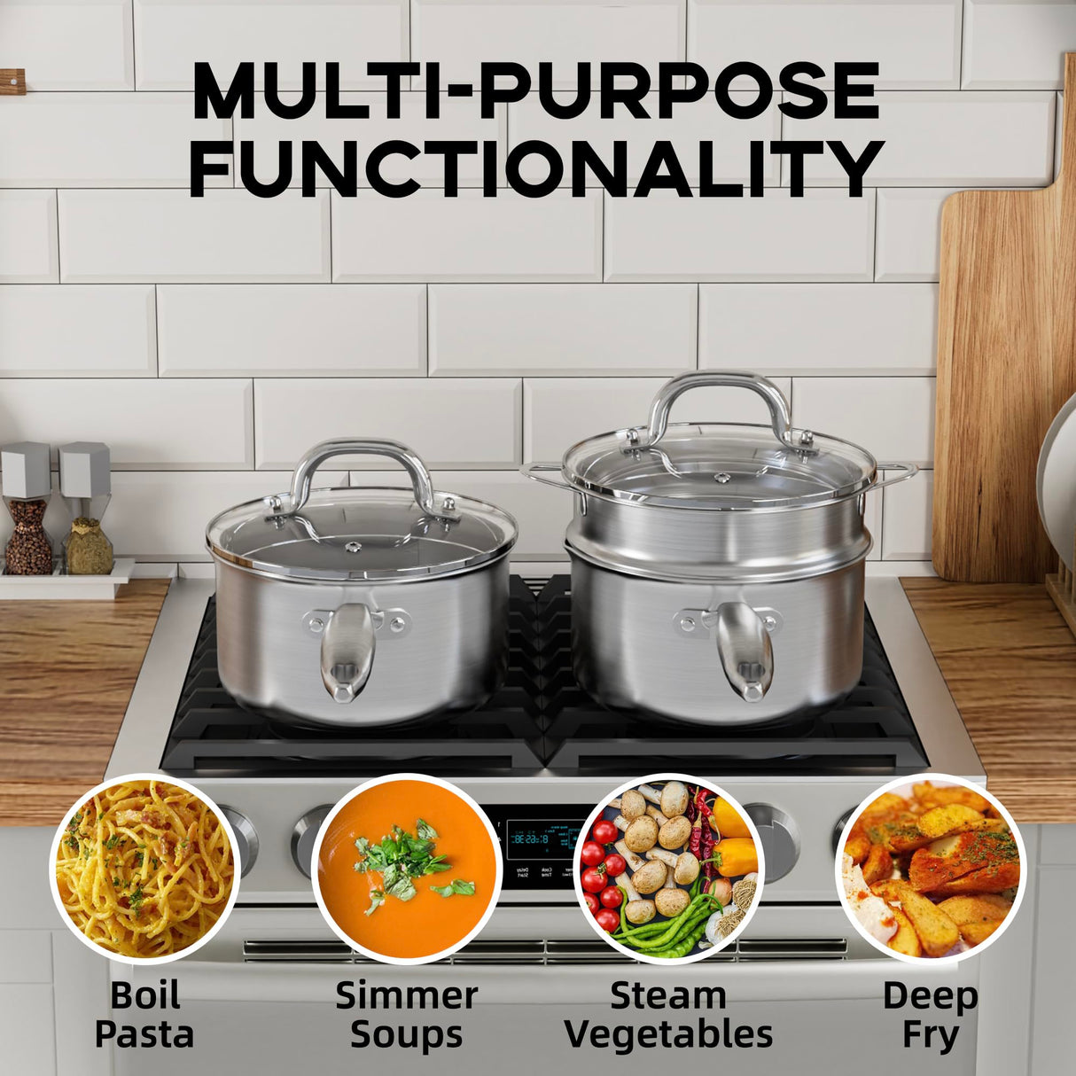 Leetaltree 2.5 Quart Stainless Steel Saucepan with Steamer Basket, Tri-ply Construction, Versatile Sauce Pan with Double-sized Drainage Lid - Perfect for Cooking Gravies, Pasta, Vegetable and More Leetaltree