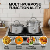 Leetaltree 2.5 Quart Stainless Steel Saucepan with Steamer Basket, Tri-ply Construction, Versatile Sauce Pan with Double-sized Drainage Lid - Perfect for Cooking Gravies, Pasta, Vegetable and More Leetaltree