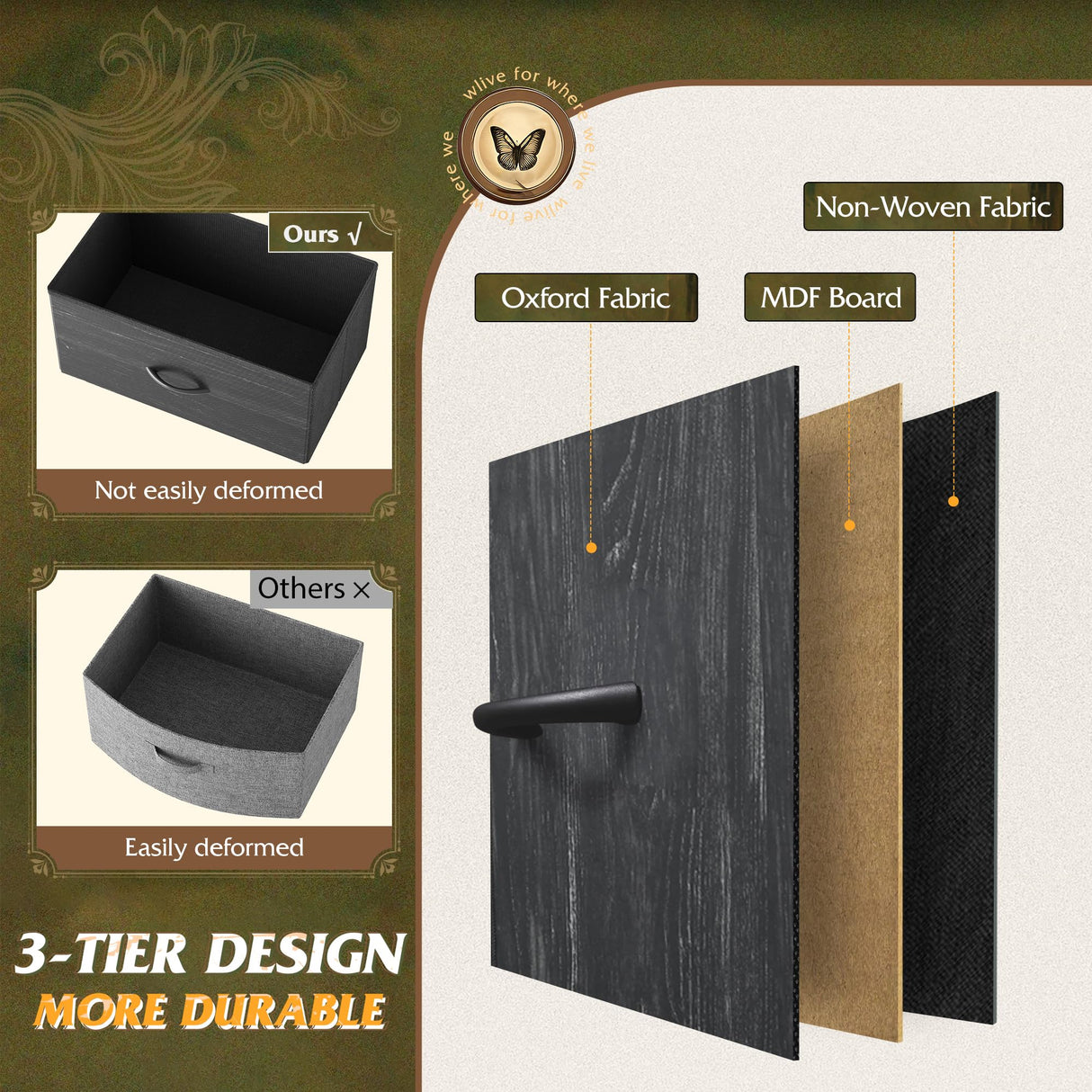 WLIVE Dresser for Bedroom, 5 Drawer Dressers with Charging Station, Fabric Chest of Drawers with Open Shelves, Storage Dresser for Living Room, Closet, Entryway, Charcoal Black Wood Grain Printt WLIVE