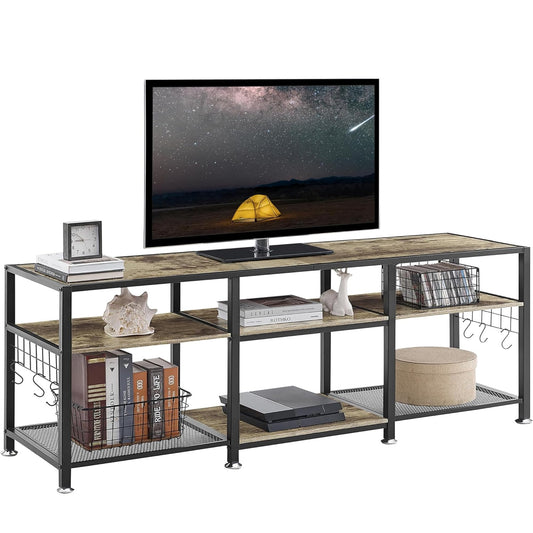 VECELO 63" TV Stand for 60/65/70 Inch Television, Entertainment Center with Storage Shelves & Hooks, 3-Tier Modern Wooden Console Table for Living, Bedroom and Gaming Room, Oak Grey