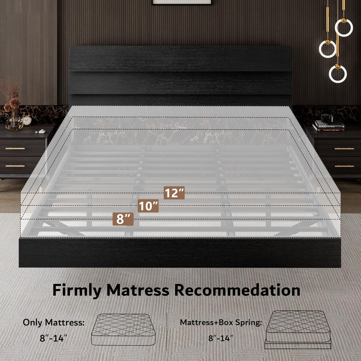 iPormis King Size Floating Bed Frame with LED Lights & Charging Station, Platform Bed with Wooden Storage Headboard, Steel Slats Support, No Box Spring Needed, Easy Assembly, Noise-Free, Black iPormis