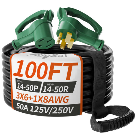 PlugSaf 100 FT 50 Amp RV/EV Extension Cord Outdoor, 4 Prong Flexible Heavy Duty 6/3+8/1 Gauge STW RV Power Cord Waterproof with Cord Organizer, NEMA 14-50P to 14-50R, Black-Green, ETL Listed PlugSaf