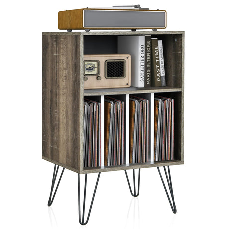 Giantex Record Player Stand, Turntable Stand Holds up to 150 Albums, Mid-Century Vinyl Storage Cabinet Table with Metal Legs, Record Player Holder End Table for Bedroom Living Room, Grey Giantex