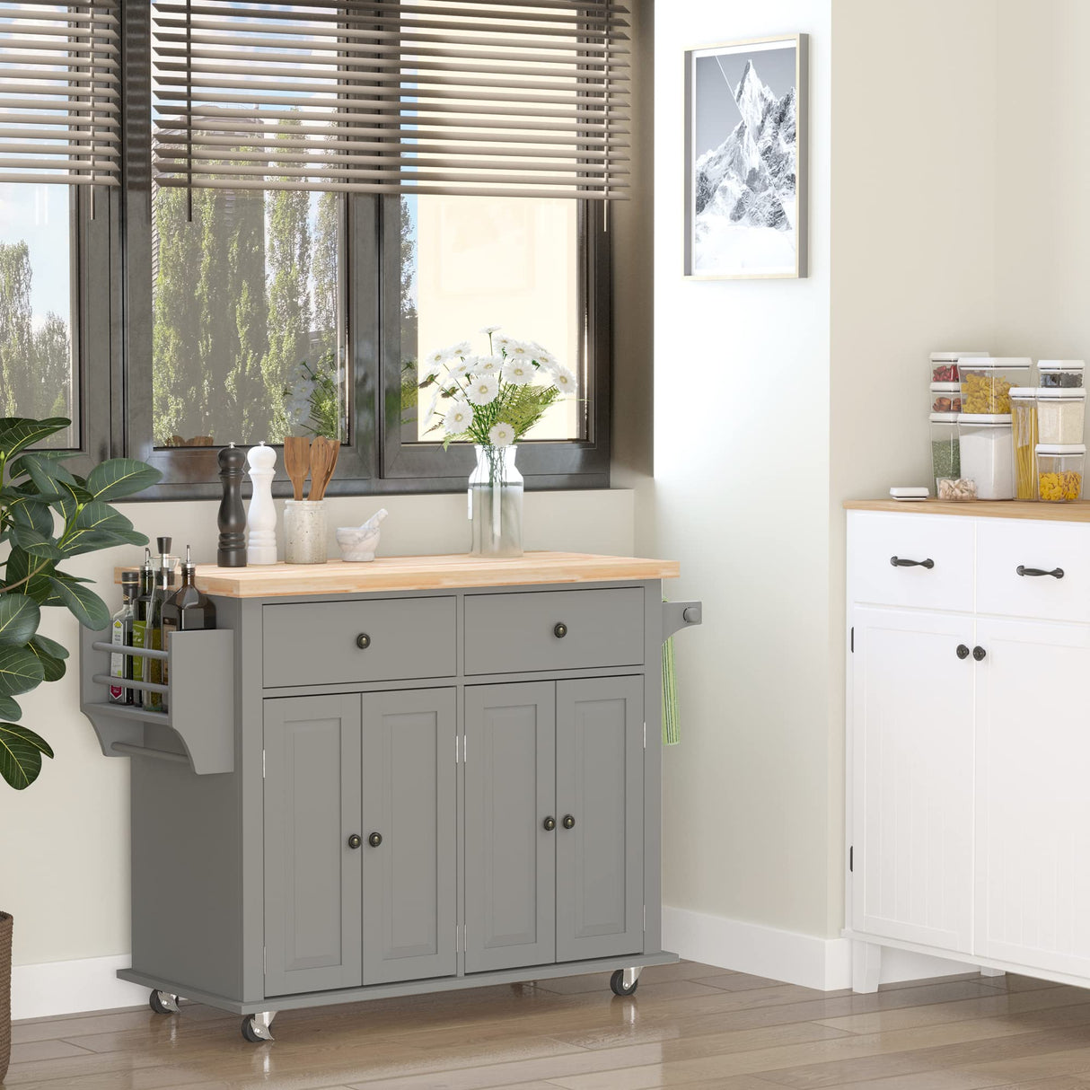 HOMCOM Kitchen Island on Wheels, Rolling Cart with Rubberwood Top, Spice Rack, Towel Rack and Drawers for Dining Room, Grey HOMCOM