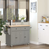 HOMCOM Kitchen Island on Wheels, Rolling Cart with Rubberwood Top, Spice Rack, Towel Rack and Drawers for Dining Room, Grey HOMCOM
