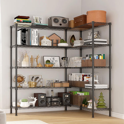 L Shaped Adjustable Storage Shelves, 58''W 5 Tier Standing Shelf Unit, 1500LBS Metal Wire Shelving for Storage, Heavy Duty Garage Organizer Shelf Pantry Shelf Kitchen Shelving, 58''W*71''H*13.8" D