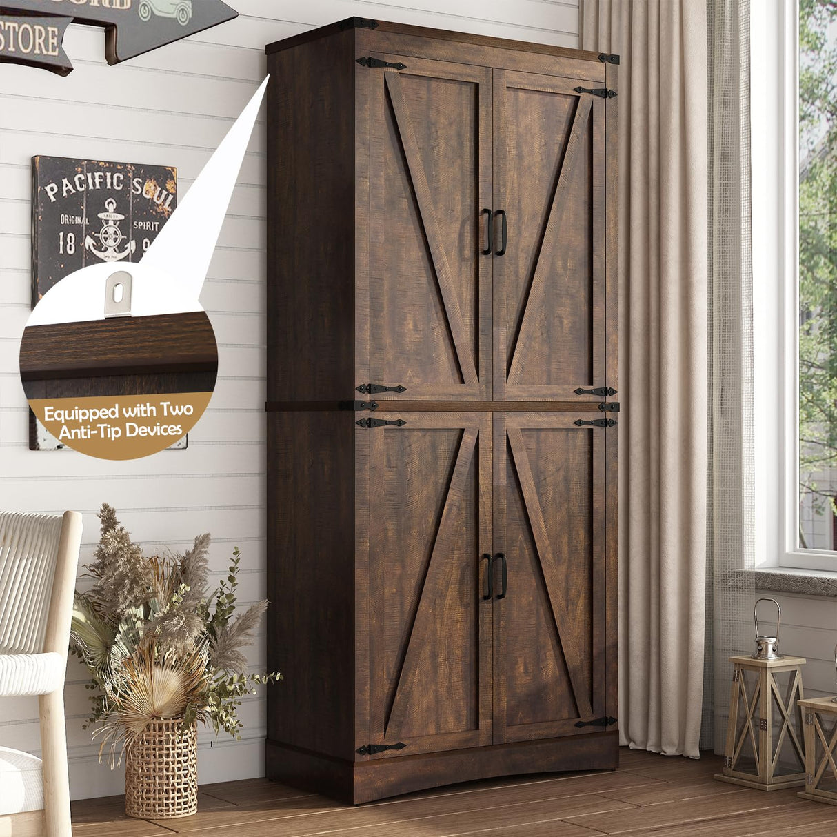 chartustriable 71in Farmhouse Kitchen Pantry Cabinet,Tall Storage Cabinet with 4 Doors and Adjustable shelves,with Load-Bearing Steel Pipe,Wood Storage Cabinets for Kitchen,Dining Room,Bathroom(Brown) chartustriable
