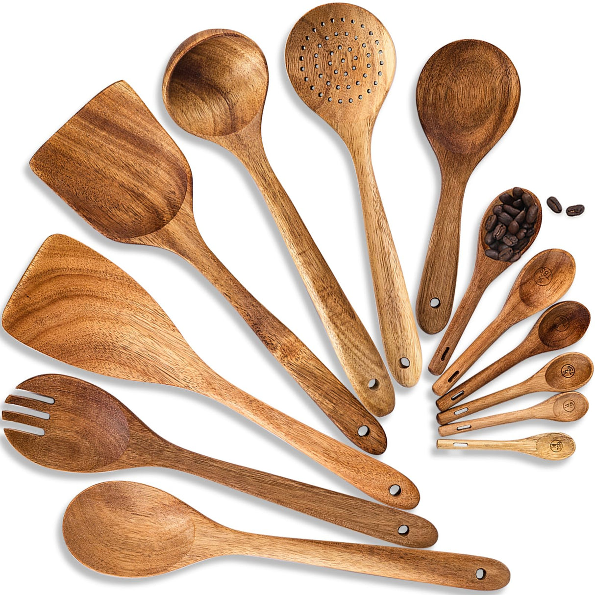 Wooden Spoons for Cooking, 13pcs Acacia Wooden Cooking Utensils Set Includes Wooden Spoon, Spatula, Soup Ladle, Measuring Spoons for Kitchen Use, Nonstick Natural Healthy Kitchen Cookware Gift Esie Houzie