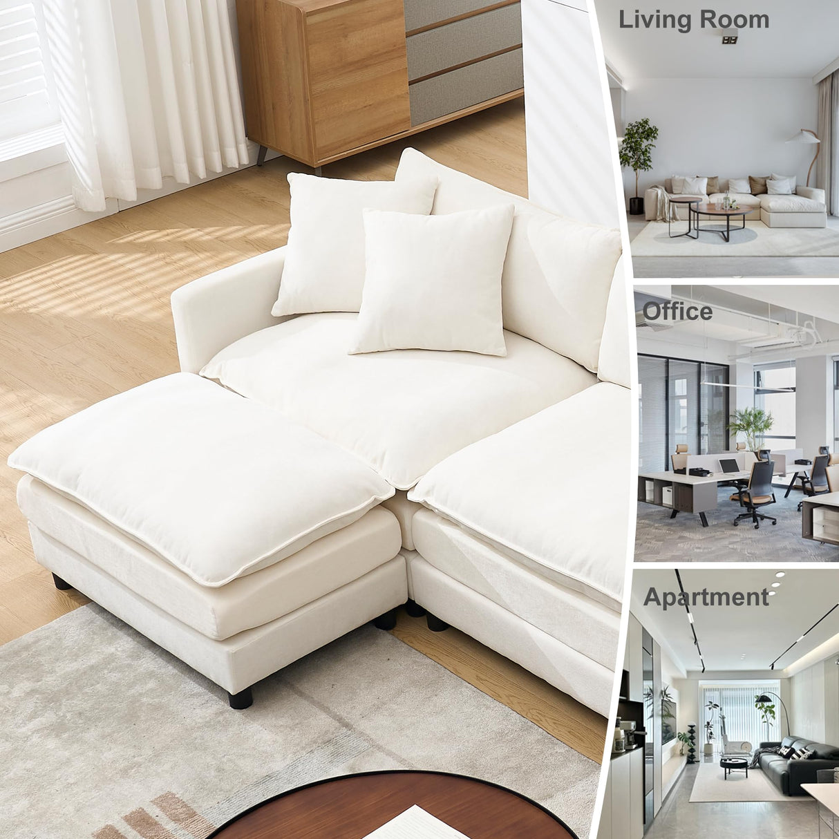 Modular Convertible Sectional Couch, 4 Seat L Shaped Sofa Reversible Chaise Sectional Sofa Deep Seat Cloud Couch Chenille for Home, Apartment, Dorm (Cream White, L Shaped) PEIHONGET