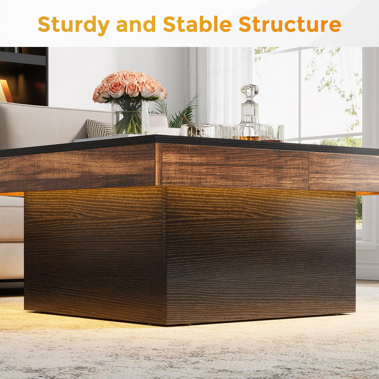 VANOMi 35-inch Square Coffee Table with LED Light, Modern LED Centre Table with Storage, Wood Coffee Table for Living Room,Large Cocktail Table for Living Room VANOMi