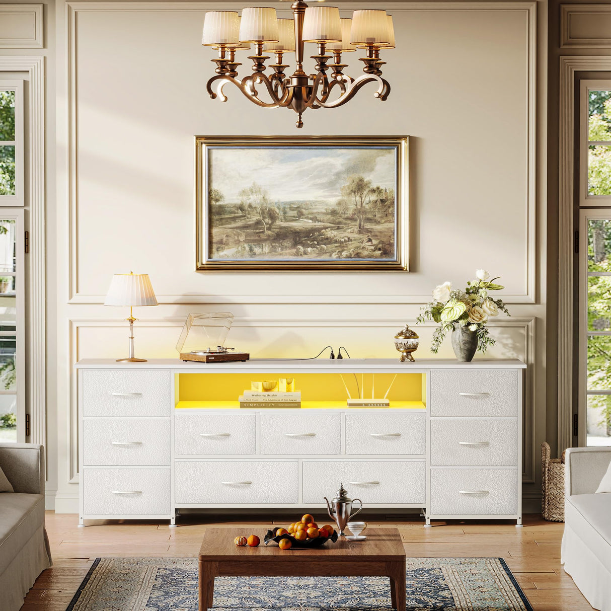 Huuger 63 Inch TV Stand for 65, 70 Inch TV, 11 Drawer Long Dresser with Power Outlets and LED Lights, Entertainment Center with Storage, White Dresser with PU Leather Surface Huuger