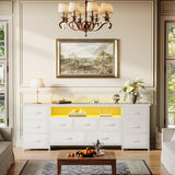 Huuger 63 Inch TV Stand for 65, 70 Inch TV, 11 Drawer Long Dresser with Power Outlets and LED Lights, Entertainment Center with Storage, White Dresser with PU Leather Surface Huuger