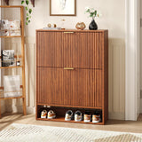 Hootata 31.5''W Walnut Shoe Storage Cabinet for Entryway with 2 Flip Drawers, Fluted Slim Shoe Cabinet, Free Standing Wooden Shoes Organizer for Foyer, Hallway Hootata