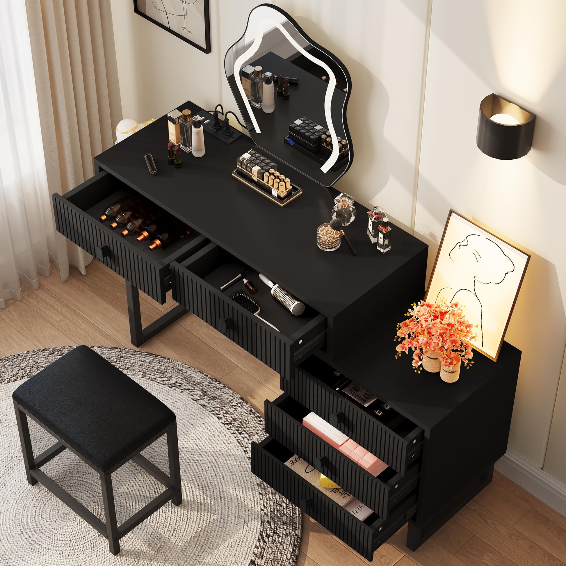 YITAHOME Vanity Set, Makeup Desk with Power Strip, Glamour Table with Tri-Color Touch Control Mirror, Five Storage Drawers, Black - WoodArtSupply