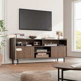 GarveeHome Fluted TV Stand for 75 Inch, Boho Entertainment Center with Sliding Doors, Wood Media Cabinet Furniture with Adjustable Shelves for Living Room Bedroom, Walnut GarveeHome