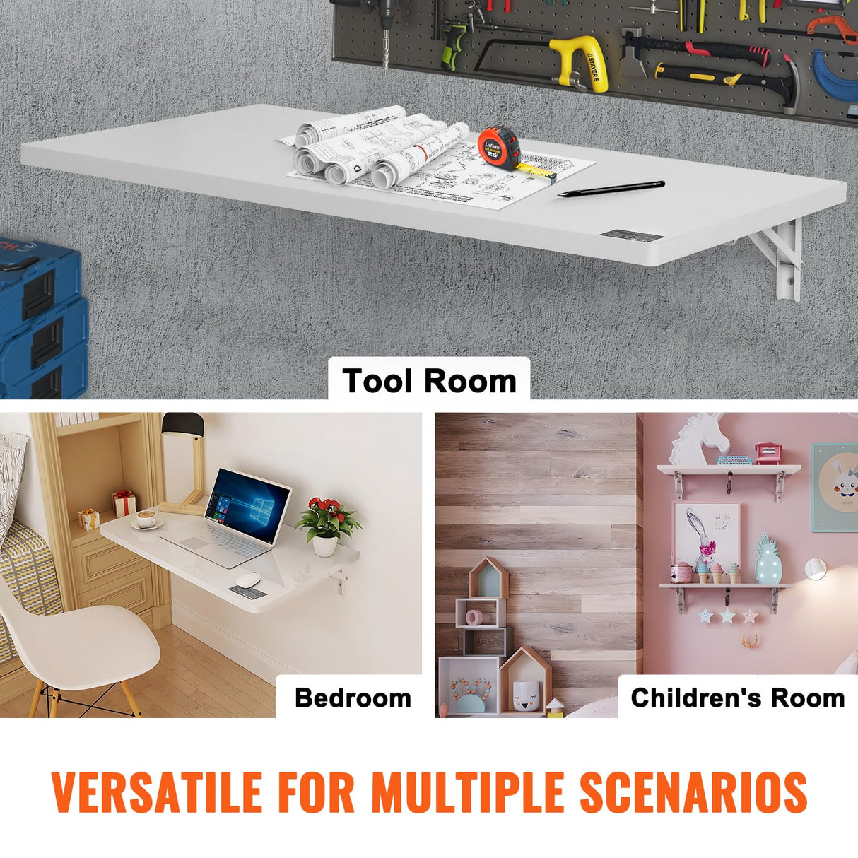 VEVOR Wall Mounted Folding Table, 35.43" x 19.69" Wall Mount Drop Leaf Table, Floating Desk with Iron Bracket, Fold Down Desk for Small Spaces, Home Office, Dining, Laundry Room, Kitchen, Bar, White VEVOR