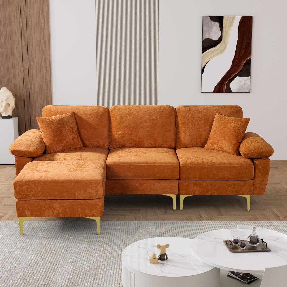 OUYESSIR L Shaped Sectional Sofa Couch, 91" Upholstered Velvet 3 Seat Sofa with Ottoman and Pillows, Comfy Couch Sleeper for Living Room, Bedroom (Orange) OUYESSIR