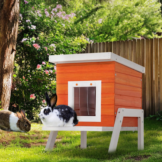 Petsfit Cat House Outdoor, Insulated High Feet + Feeding Station +Door Curtain, Wood Outside Cat House, Bunny Rabbit Hutch Orange - WoodArtSupply