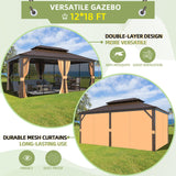 MELLCOM 12' x 18' Hardtop Gazebo,Galvanized Steel Metal Double Roof Gazebo with Curtain and Netting,Brown Permanent Pavilion Gazebo with Aluminum Frame for Patios,Gardens,Lawns MELLCOM