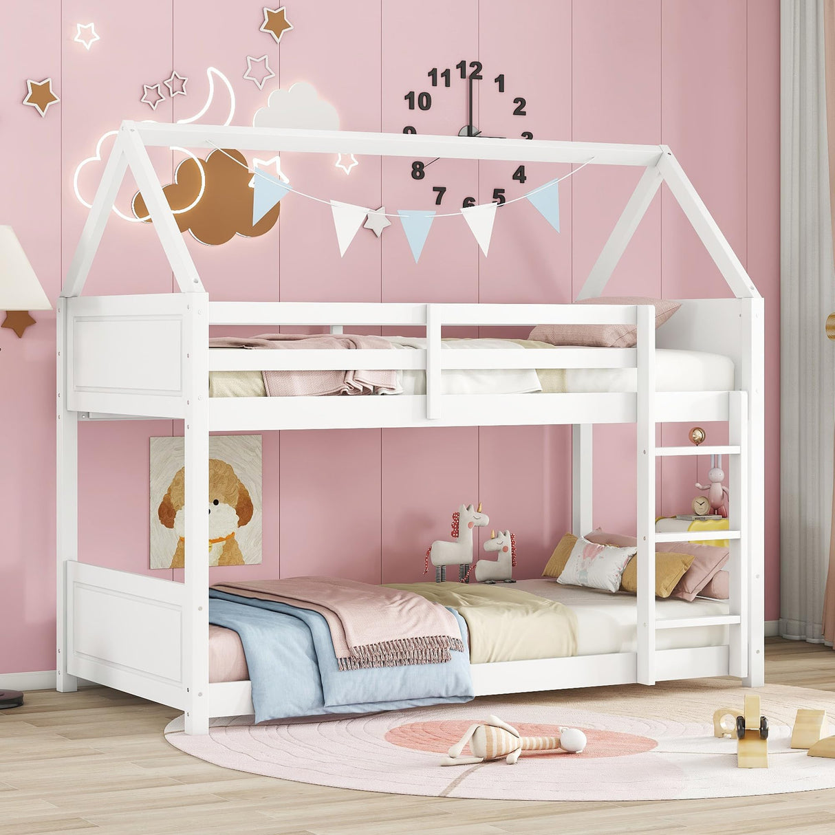 DaiNNCN House Bunk Bed for Kids,Twin Over Twin Bunker Bed with Guardrails and Ladder,Headboard,Footboards,Rubber Wood Bed Frame for Kids,Girls-White DaiNNCN