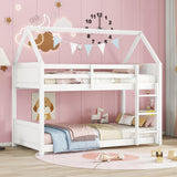 DaiNNCN House Bunk Bed for Kids,Twin Over Twin Bunker Bed with Guardrails and Ladder,Headboard,Footboards,Rubber Wood Bed Frame for Kids,Girls-White DaiNNCN