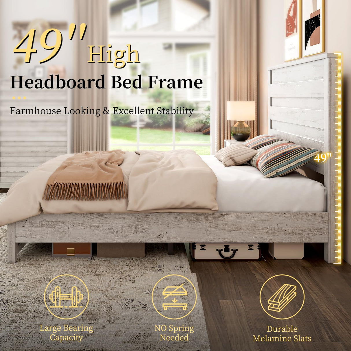 LUXOAK Farmhouse Full Bed Frame with 49" Tall Headboard, Wooden Platform Bed with Hidden Metal Bed Frame, No Box Spring Needed/Noise Free, Distressed White LUXOAK