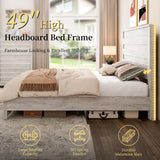 LUXOAK Farmhouse Full Bed Frame with 49" Tall Headboard, Wooden Platform Bed with Hidden Metal Bed Frame, No Box Spring Needed/Noise Free, Distressed White LUXOAK