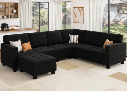 HONBAY Velvet Convertible Sectional Sofa L Shaped Couch with Storage Ottoman Corner Sectional Couch with Reversible Chaise, Black