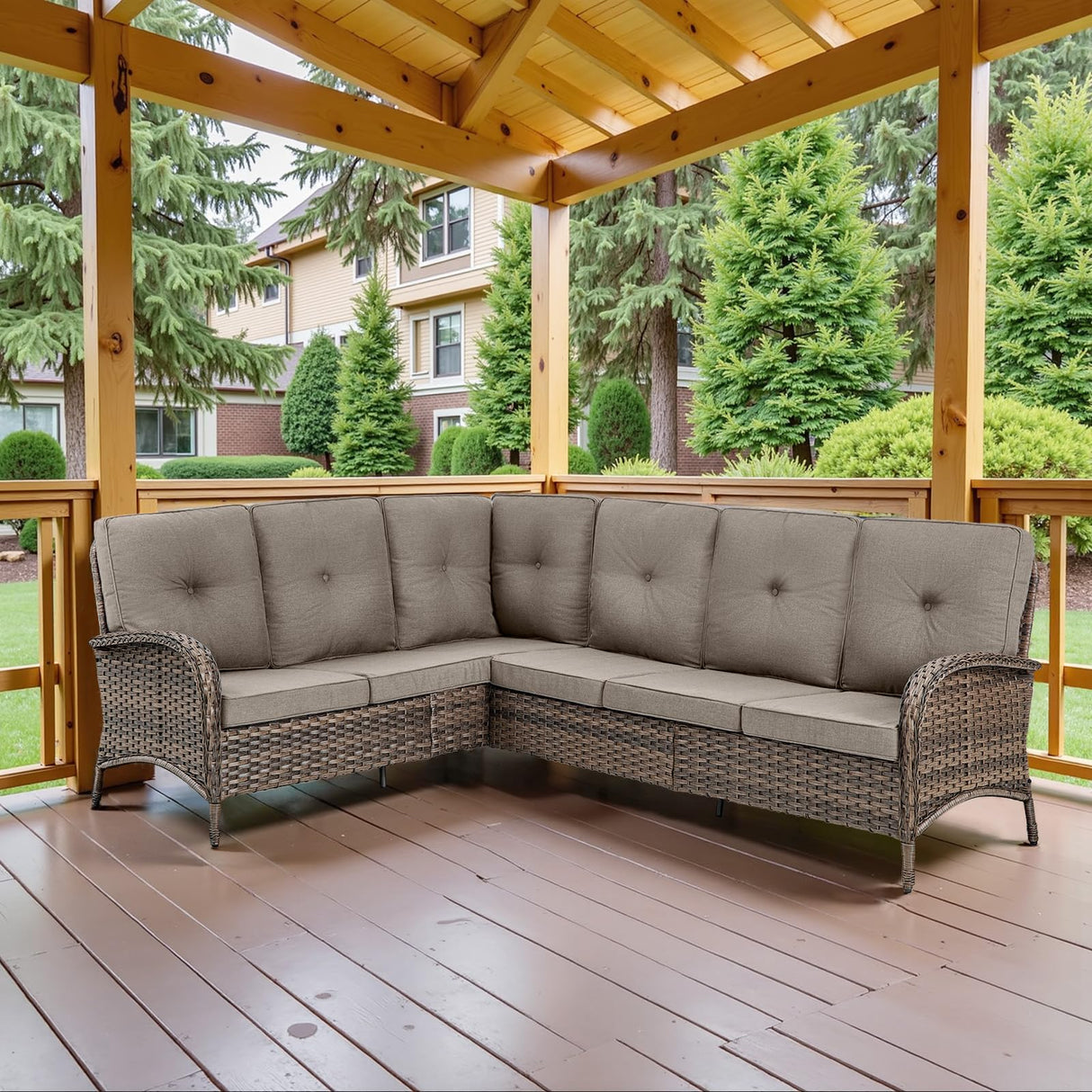 Belord 6-Seater Outdoor Sectional Sofa L Shaped Couch Patio Conversation Furniture Set, PE Wicker Patio Sectional Sofa with Removable Gray Cushion for Deck Backyard Sunroom Belord