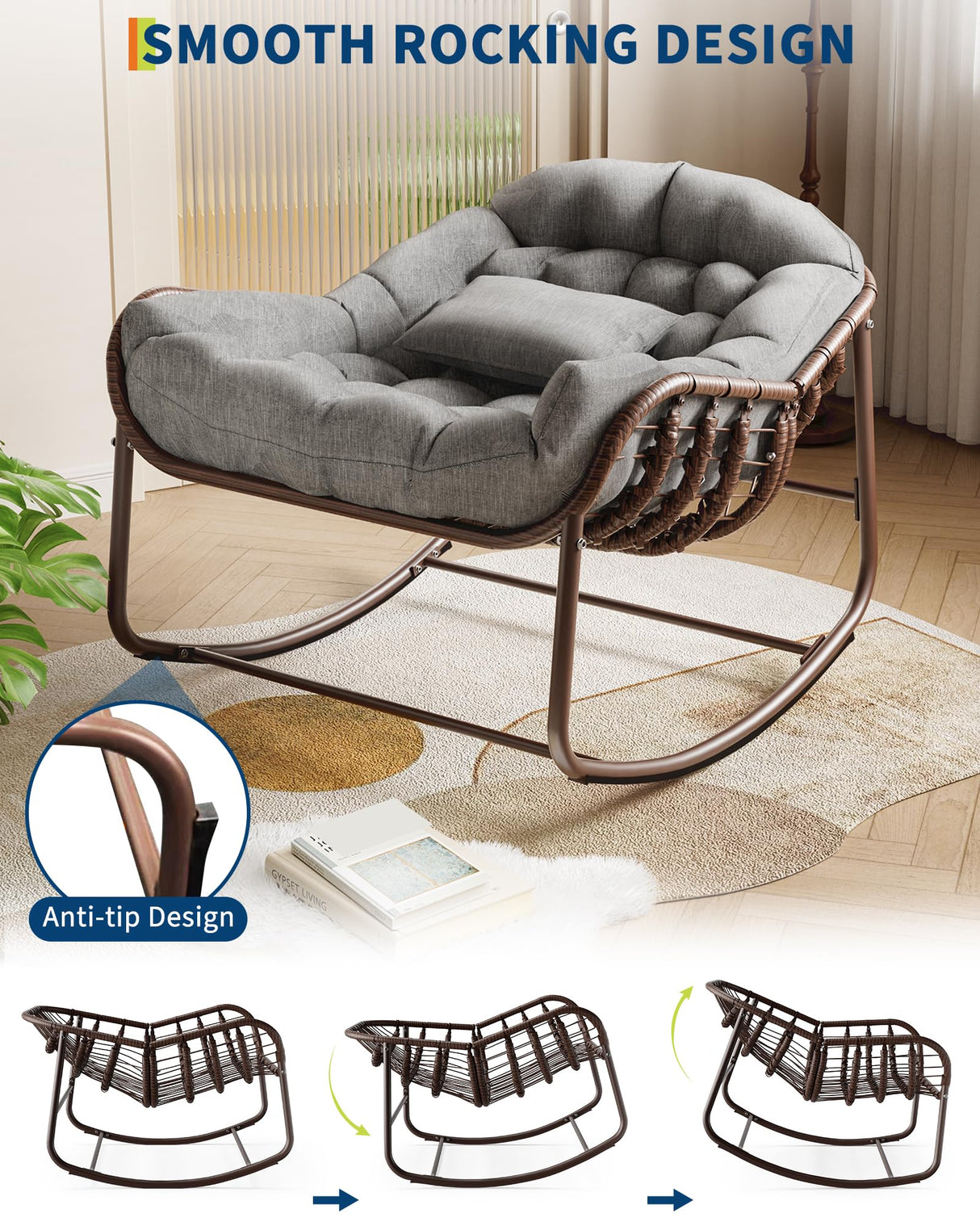 GarveeLife Outdoor Papasan Rocking Chair, Oversized Wicker Lounge Chair with Cushion and Metal Frame, Patio Rattan Egg Rocker for Balcony Backyard Porch Bedroom, Grey GarveeLife