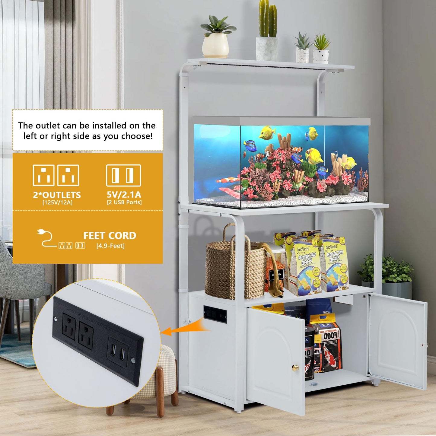 affeivul 40 Gallon Fish Tank Stand with Storage Cabinet, 5-10 Gallon Fish Tank Stand, Aquarium Stand 20 Gallon with Power Outlets and Led Light, Turtle/Breeder/Reptile Tank Stand - 458 LBS，White