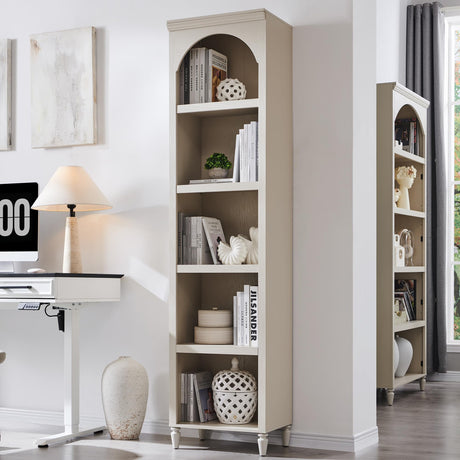 IFGET 76" Tall Arched Bookcase, Farmhouse 5 Tiers Narrow Arched Bookshelf Cabinet with Adjustable Shelves, Modern Wooden Book Shelf w/Storage and Open Display Shelves for Living Room, Office-Cream IFGET