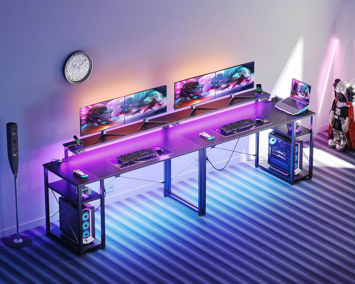 MOTPK Gaming Desk with Led Lights & Power Outlet, 47 Inch Gaming Computer Desk with Shelves, Reversible Gamer Desk Table with Adjustable Monitor Stand & Headphone Hook, Carbon Fiber Texture, Black MOTPK