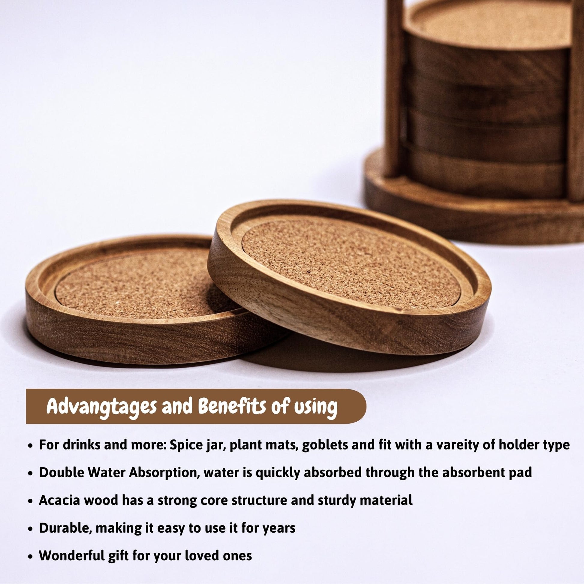 Wood Cork Coasters for Drinks with Holder, 4.13 Inch, Set of 6, Acacia Wood Coasters, Absorbent Coaster, Absorbent Drink Coasters, Table Coasters for Wood Table, Coasters for Coffee - WoodArtSupply