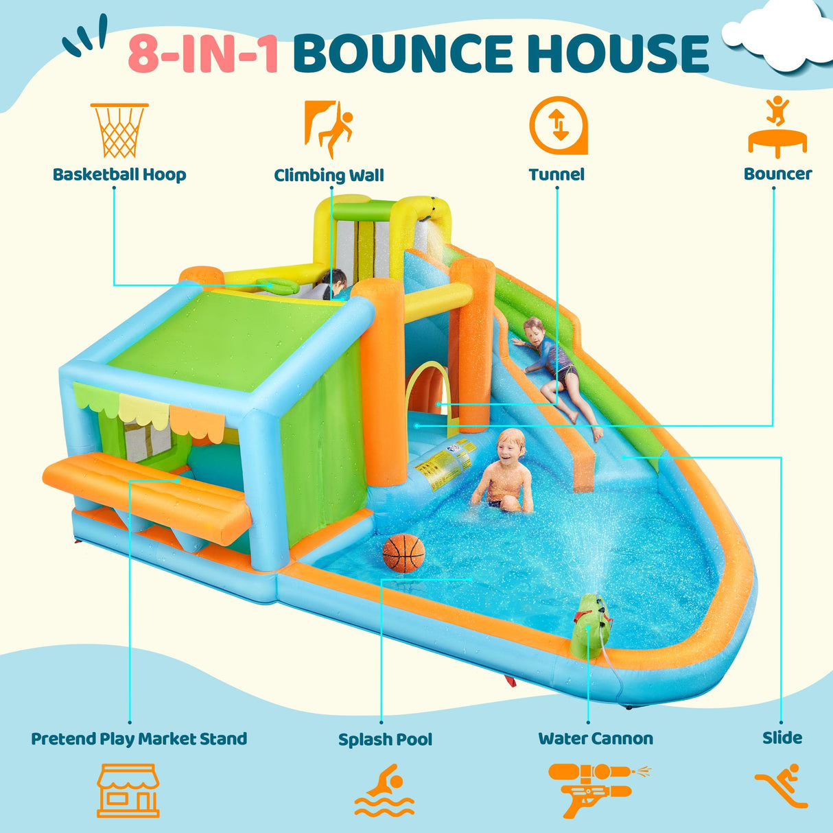 Yaheetech Inflatable Bounce House, Water Bouncer Castle for Kids Aged 3-10 W/Splash Pool, Toy Market Stand, Bouncer Area, Slide, Climbing Wall, Storage Bag, 520W Blower for Outdoor Backyard Yaheetech