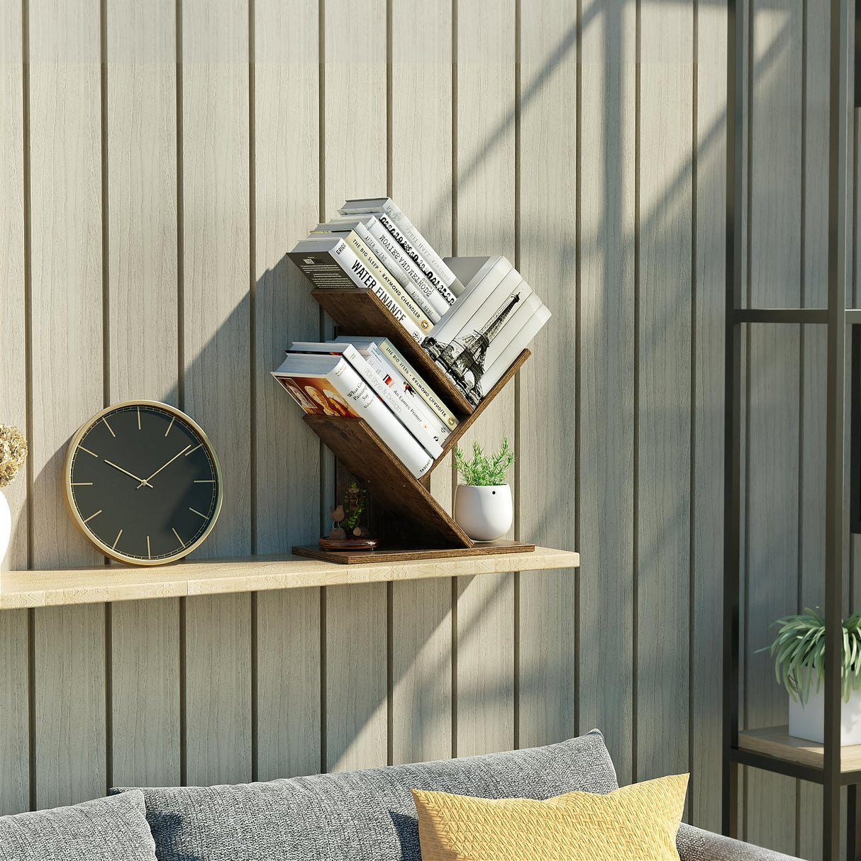 R RUISHENG 3 Tier Small Tree Bookshelf Desk Book Organizer Narrow Bookcases for Books Magazines CDs Free Standing Retro Wooden Storage Shelves for Home Office Bedroom Living Room Rustic Brown R RUISHENG