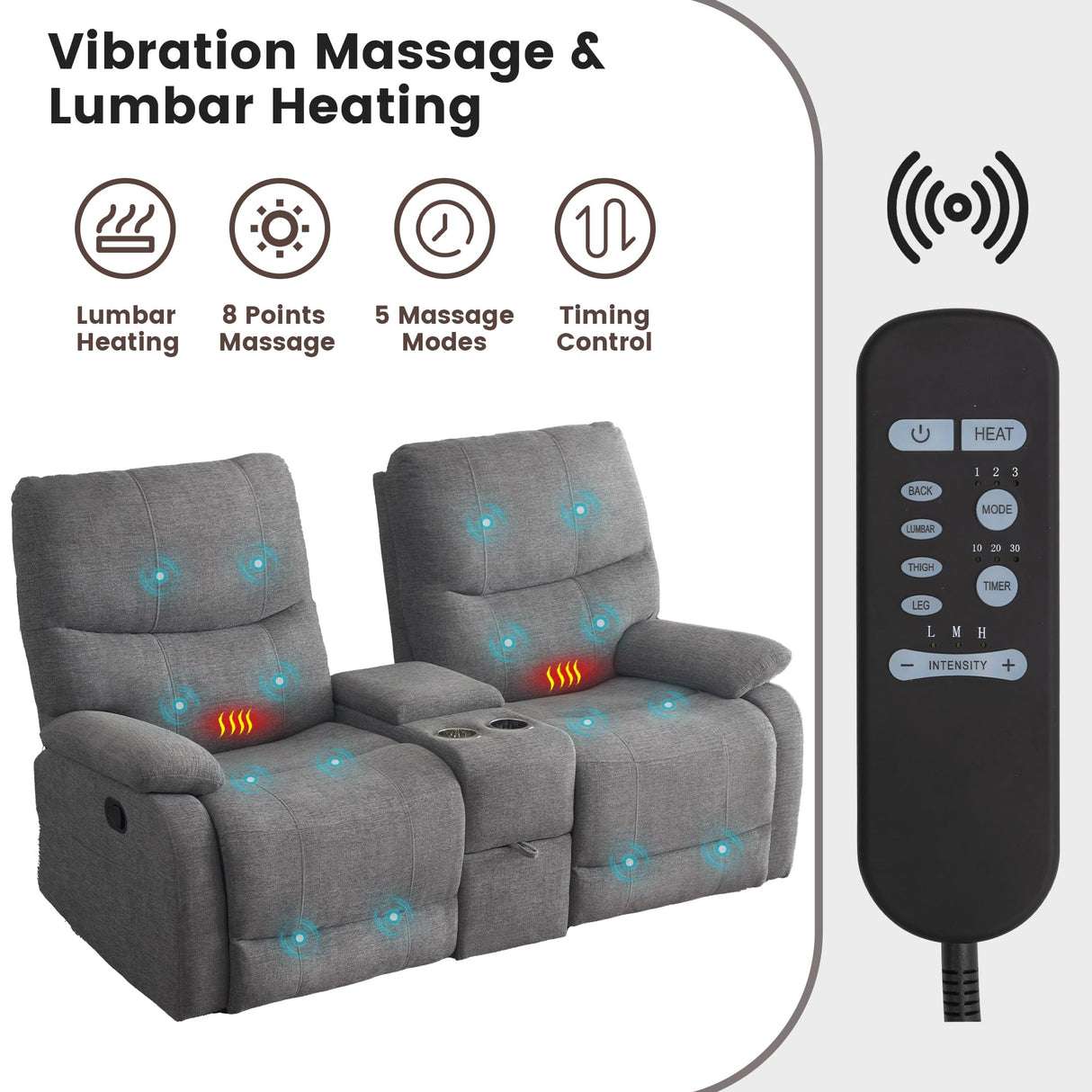 GUEAPY Manual Reclining Loveseat Sofa, Double Recline Love seat with Heat & Massage, Cup Holders & Storage Pocket, Comfortable Reclining Loveseat for Home Theater, Living Room, RV Recliner Grey GUEAPY