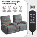 GUEAPY Manual Reclining Loveseat Sofa, Double Recline Love seat with Heat & Massage, Cup Holders & Storage Pocket, Comfortable Reclining Loveseat for Home Theater, Living Room, RV Recliner Grey GUEAPY