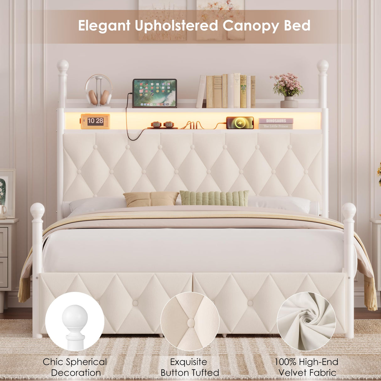 HIFIT Queen Size Upholstered LED Canopy Bed Frame with Storage and Charging Station, Button Tufted Storage Headboard with Bookshelf, Two-Use Metal Platform Bed with 4 Removable Post & 2 Drawers, Biege HIFIT