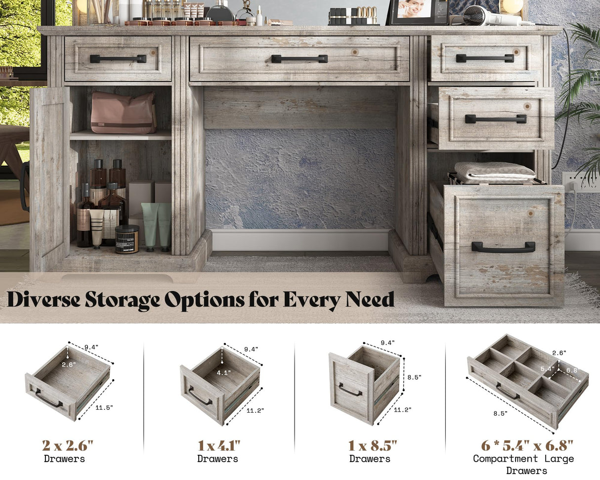 AMERLIFE 55.1" W Makeup Vanity with Hollywood Mirror, Glass Top Vanity with 5 Drawers & Adjustable Cabinet & Charging Station, 10 Detachable Light Bulbs, Bedroom/Salons, Light Oak AMERLIFE