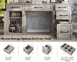 AMERLIFE 55.1" W Makeup Vanity with Hollywood Mirror, Glass Top Vanity with 5 Drawers & Adjustable Cabinet & Charging Station, 10 Detachable Light Bulbs, Bedroom/Salons, Light Oak AMERLIFE