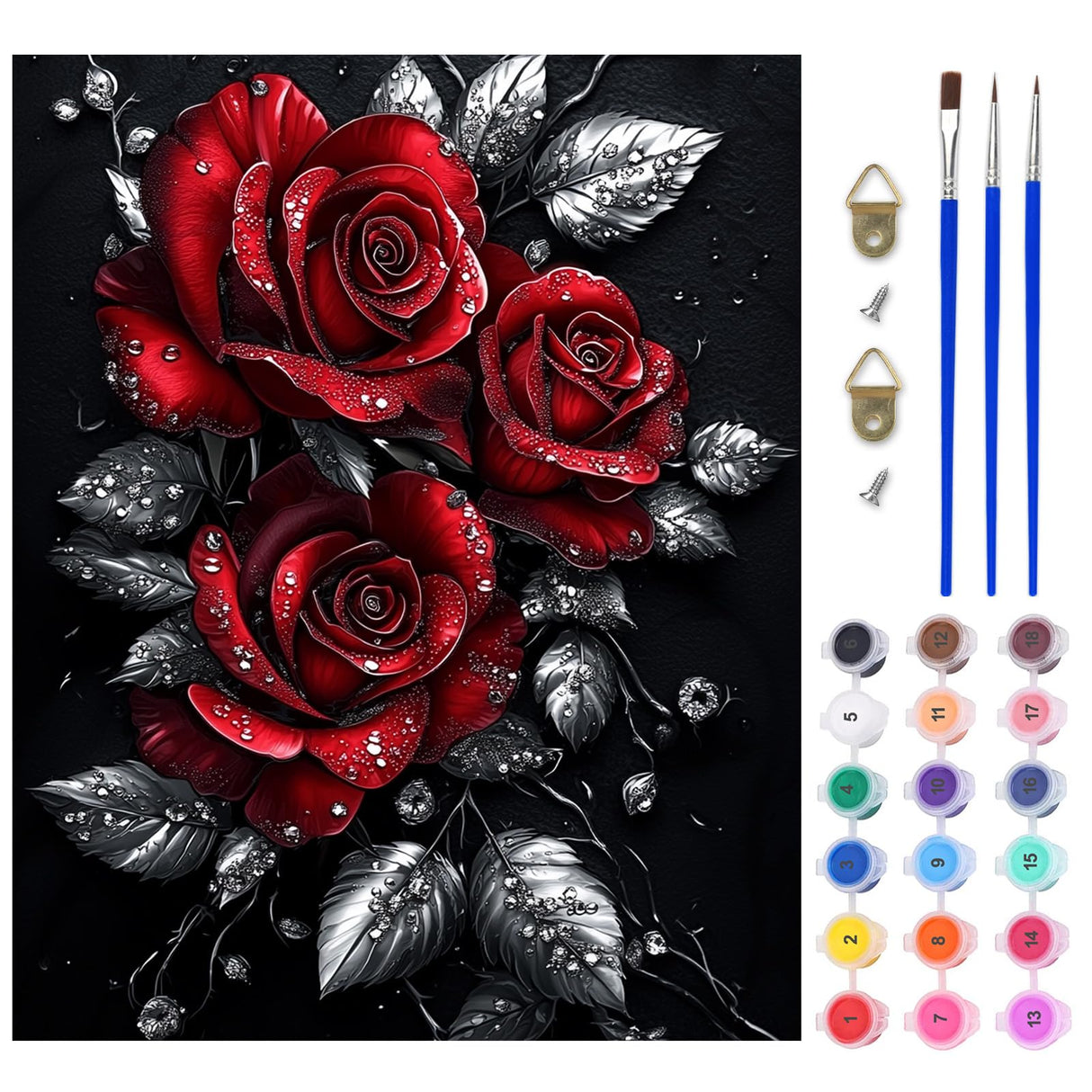 Lxmsja Red Roses Paint by Numbers Kit for Adults, Silver Leaves Acrylic Paint by Numbers for Adults Beginner, DIY Craft Supplies Oil Painting Kits for Home Wall Decor 16x20 inch (No Frame) Lxmsja