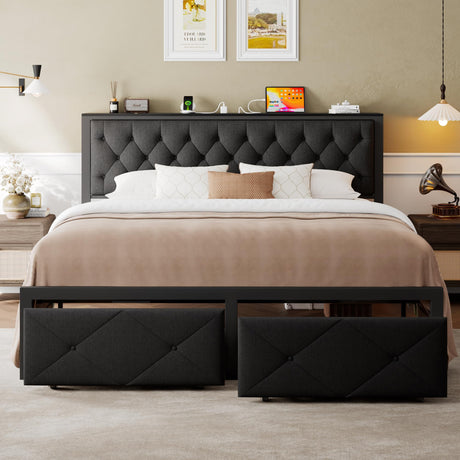 Einhomn King Size Bed Frame with 2 Storage Drawers, Metal Platform Bed with Charging Station, Upholstered Button Tufted Storage Headboard, No Box Spring Needed, Noise-Free, Easy Assembly, Black Einhomn