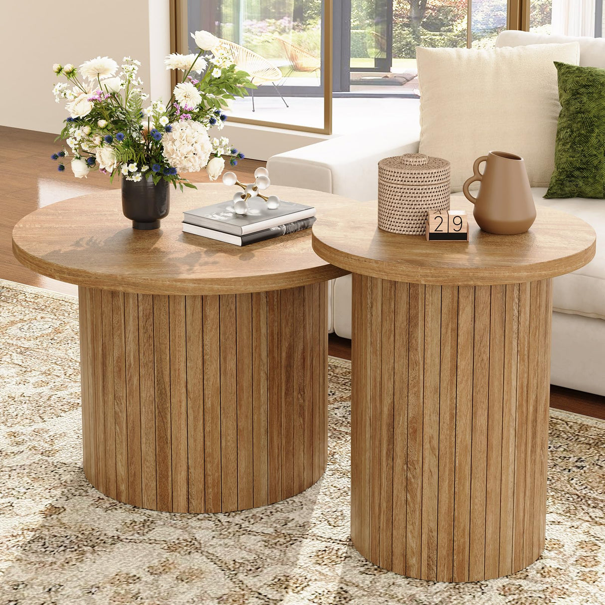 LUXOAK Nesting Coffee Table Set of 2, Mid Century Modern Round Coffee Table, Wood Slat Side Table Set for Living Room, Office, Balcony, Natural Finish LUXOAK
