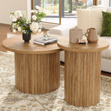LUXOAK Nesting Coffee Table Set of 2, Mid Century Modern Round Coffee Table, Wood Slat Side Table Set for Living Room, Office, Balcony, Natural Finish LUXOAK