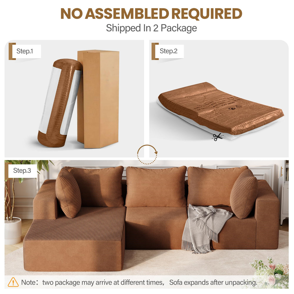 108" Modular Sectional Sofa with Oversized Chaise & Deep Seat, Comfortable High-Density Memory Foam Boneless Cloud Couch, No Assembly Required Sectional Couches for Living Room, Bedroom (Brown) Sesslife