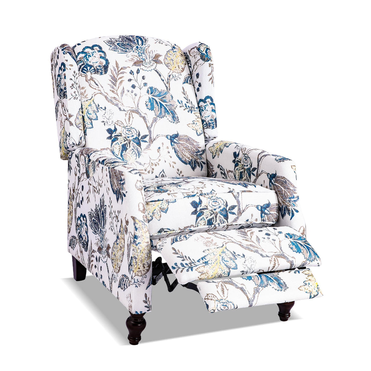 GUEAPY Mid Century Modern Wingback Recliner Chair for Adults, Push Back Upholstered Accent Chair with Floral Fabric, Manual Reclining Armchair for Living Room, Bedroom, Reading Corner (Blue Botanical) GUEAPY