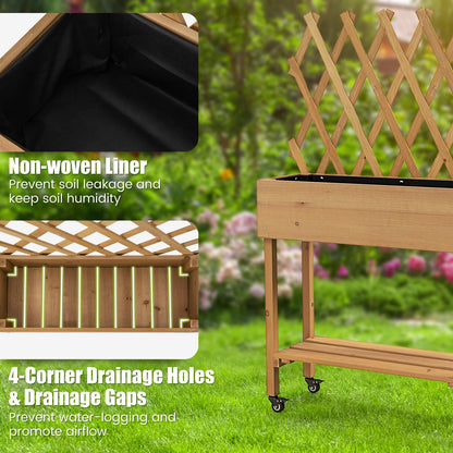 Toolsempire Raised Garden Bed with Trellis, Fir Wood Elevated Planter Bed with Legs, 2 Lockable Wheels & Storage Shelf, Wooden Planter Box Raised Bed for Gardening, Backyard, Balcony & Greenhouse