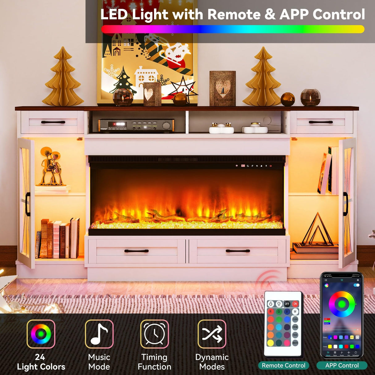 YITAHOME Fireplace TV Stand for 75/80 Inch TV, Entertainment Center with 3 Sided Glass Electric Fireplace & LED Strip, TV Console with Glass Door & Power Outlet for Living Room (White) YITAHOME